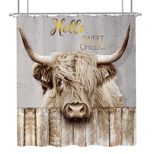 Gold Farmhouse Highland Cow Shower Curtain Yellow Brown 72Wx72H A Cow