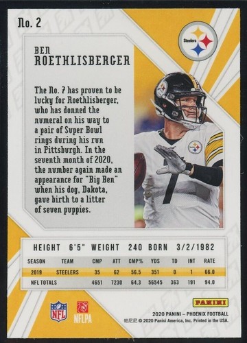 2020 Panini Phoenix Ben Roethlisberger Fire Burst Steelers Parallelers #2 - Foto 2 di 2