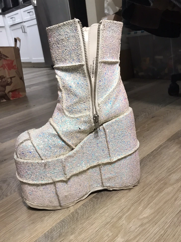 Demonia Stack-201G White Multi-Glitter UV Reactive Ankle Boots Rave Festival - Image 2 of 4