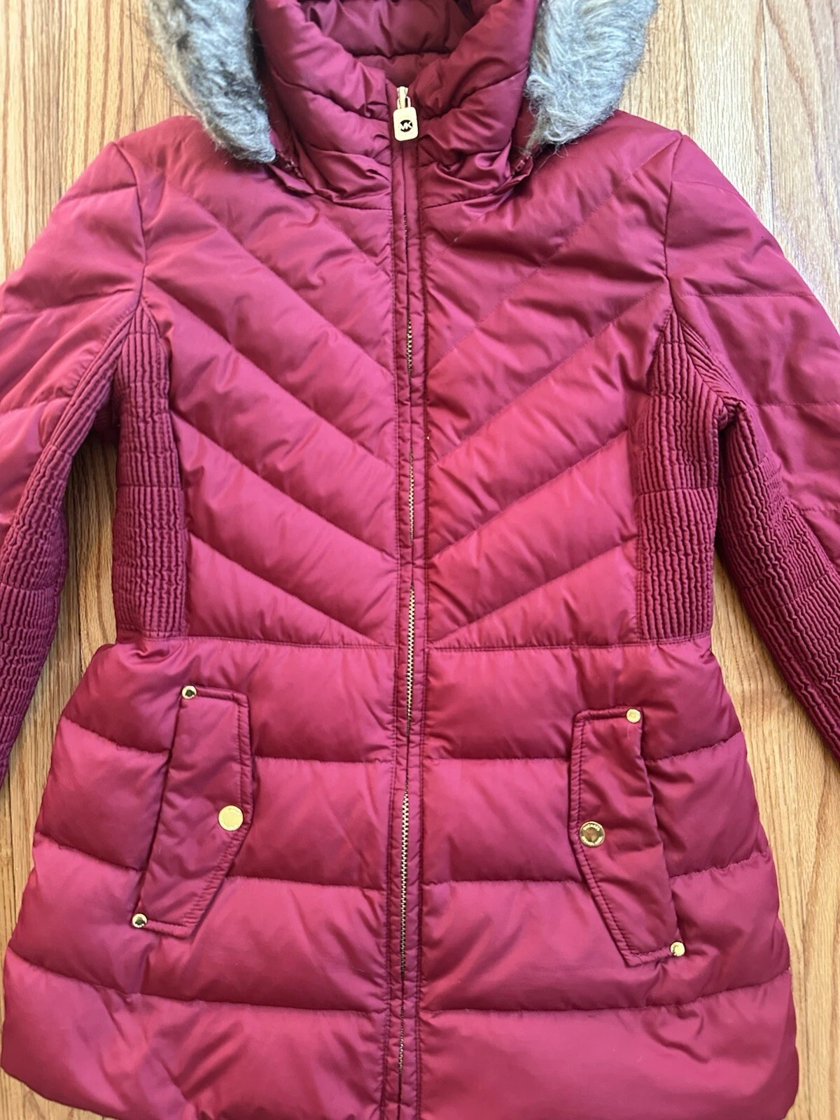 Cappotto Michael Kors donna S piumino imbottito parka cappotto pelliccia cappuccio rosso