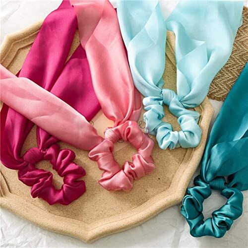 4 Pcs Yellow Women Girl Bow Satin Ribbon Ponytail Scarf Hair Tie Rope - Picture 4 of 6