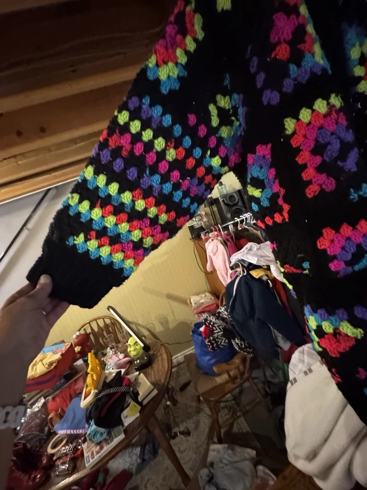 Granny Square Black With Neon Colors Cardigan And Matching Tap Hat Style. Unisex - Image 3 of 4