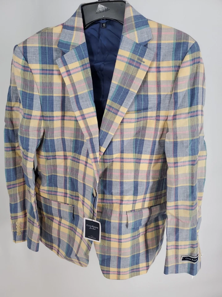 Club Room Blazer Men's 38S Yellow Blue Plaid Linen Blend Sport Coat Jacket - Image 3 of 4