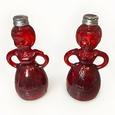 Vintage Ruby Red Glass Merry Maid Salt Pepper Shakers Set Taiwan Figural