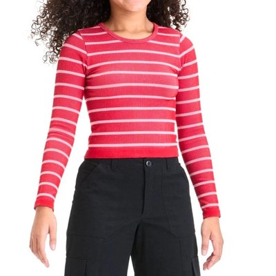 Art Class Girls' Size XXL (16/18) Long Sleeve Scoop Neck Ribbed Striped Red/Pink