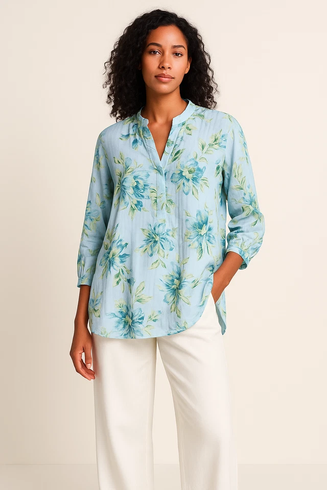 Túnica Susan Graver 1X Azul Verde Floral Transparente Manga Larga Foto 2 de 4