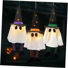 3 Pack Halloween Hanging Ghost Lights with Glitter Hats, Battery Powered