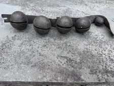 LG ANTIQUE BRASS PETAL SLEIGH BELLS ON LEATHER STRAP 19th C. American Signed HB