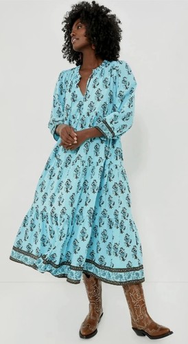 TUCKERNUCK Tropical Turquoise Bouquet Puff Sleeve Salty Paloma Caftan Dress! XL - Picture 2 of 6