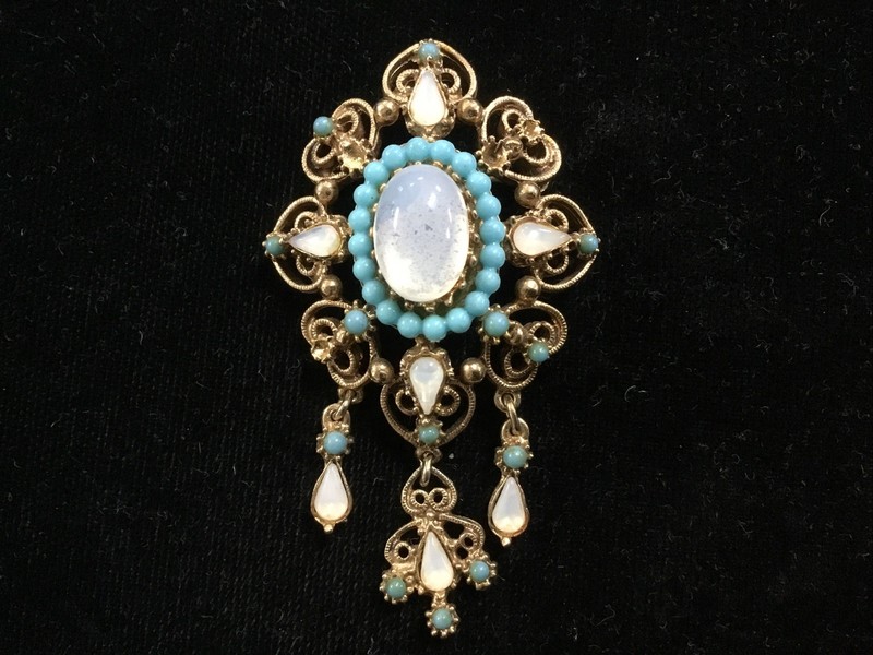 Florenza Signed Opal/Moonstone and "Turquoise" Tassel Vintage Golden Brooch pin