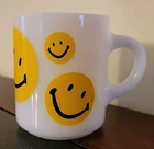 Vintage Milk Glass Mug With Yellow Smiley Faces 8oz 3.5" Tall