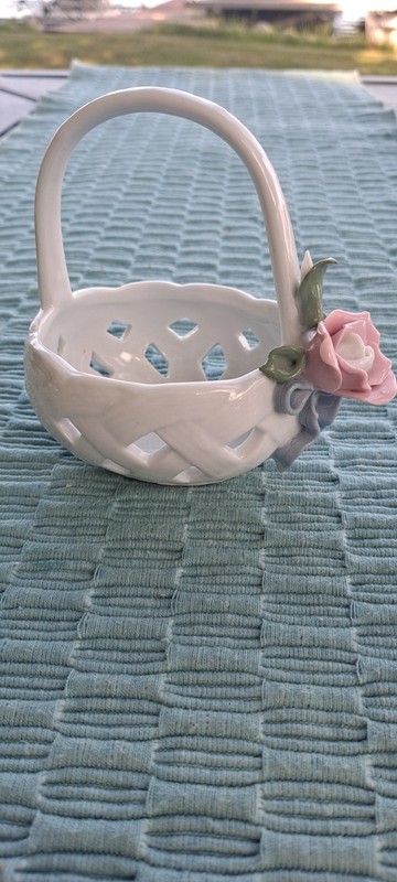 Porcelain White Basket With Pick Flowers All Around. No Chips Or Cracks