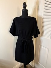 Laundry by Shelli Segal Black Merino Wool Knit Belted Boat Neck Zip Dress S
