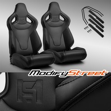 Black Pvc Reclinable C-series Sport Racing Seats Pair Wslider Leftright