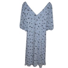 Ganni Georgette Midi Dress Womens 34 US 2 Blue Black Floral Puff Sleeve V Neck