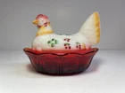 Fenton Art Glass ~ Hen / Chicken on Nest / Basket ~ Hand Painted by M. Workman