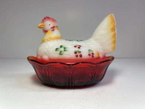 Fenton Art Glass ~ Hen / Chicken on Nest / Basket ~ Hand Painted by M. Workman