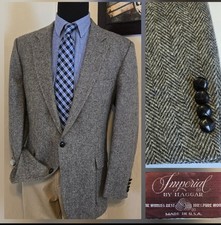 Haggar 44L Tweed Sport Coat Blazer Gray Herringbone Jacket Wool USA
