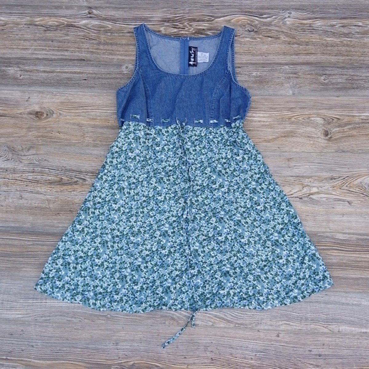 Vintage Denim Jean Floral Flowy Woven Tie Dress | eBay