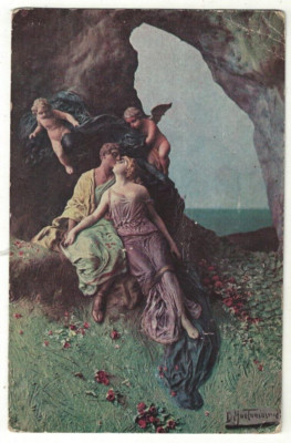 Vintage Postkarte Der Sommer des Lebens Zwei Liebende in klassischer Kleidung und Cherubs