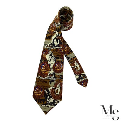 GIANFRANCO FERRE Brown Gladiator with Lion Fight Print Silk Tie Italy W: 4'' E C