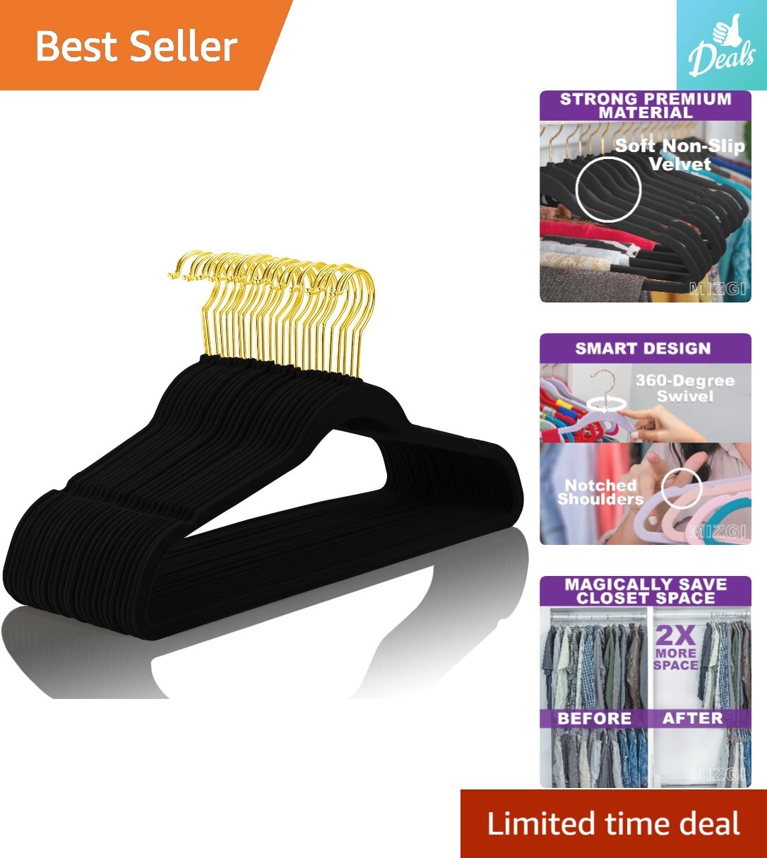 Slim Non-Slip Black Velvet Hangers 50 Pack with Gold Hooks-image