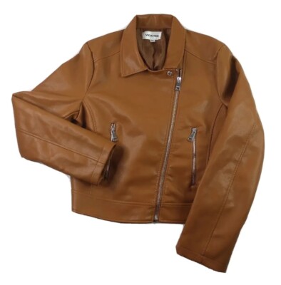 Vigoss Womens Vegan Leather Biker Style Jacket Brown Lightweight