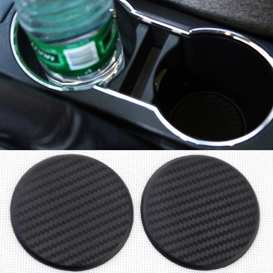 2x Black Car Water Cup Slot Coasters Non-Slip Carbon Fiber Look Pads Accessories - Image 2 of 4