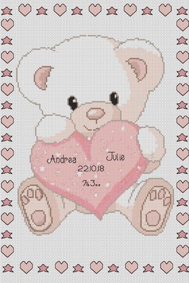Naissance Echantillonneur Bebe Ours Avec Cœur Rose Point De Croix Kit Complet Ebay