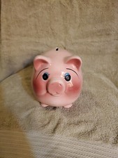 Large Vintage Mid Century Pottery Blush Pink Fat Belly Curly Tail Pig Piggy Bank