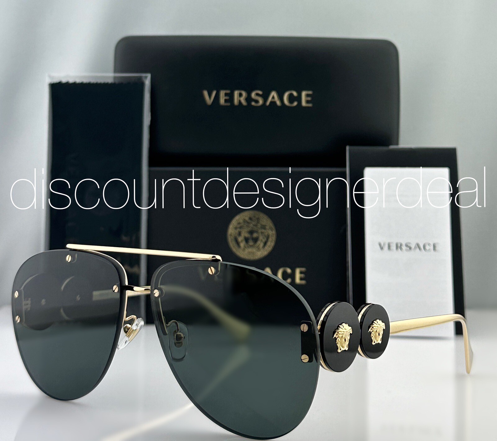 Versace VE2250 Aviator Sunglasses with Gold Accents and Dark Gray Frameless Lenses-image
