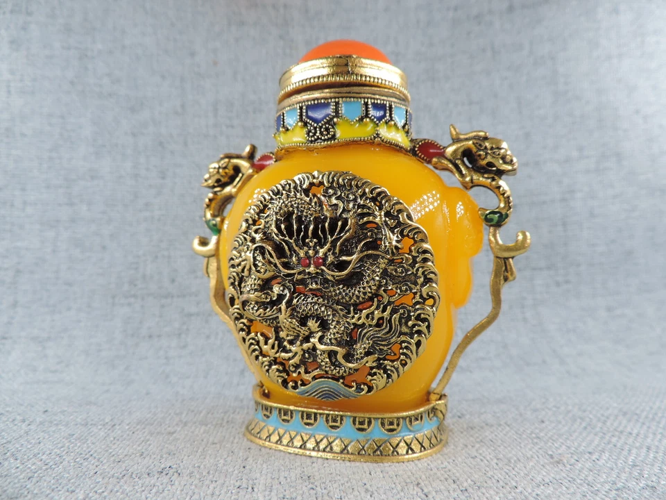 Botella de tabaco Cloisonne hecha a mano con incrustación china patrón amarillo suerte B Foto 4 de 4