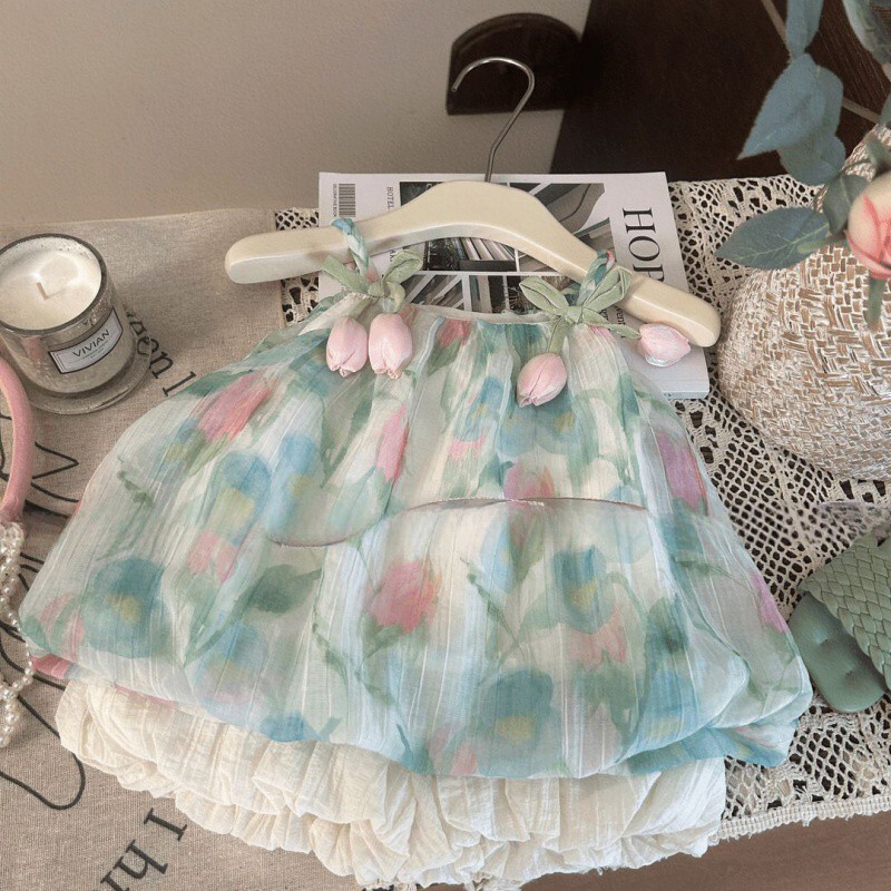 Elegant Blue Tulip Flower Print Two Piece Set For Girls Summer Wardrobe