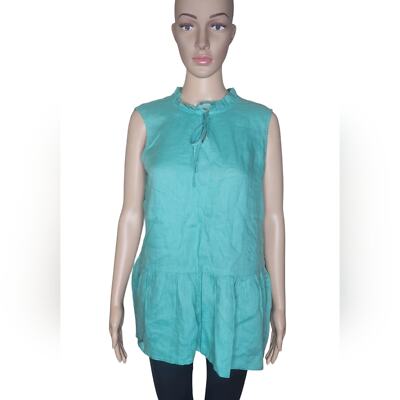 NWT Quebramar women's turquoise green linen tie - neck peplum preppy blouse XL