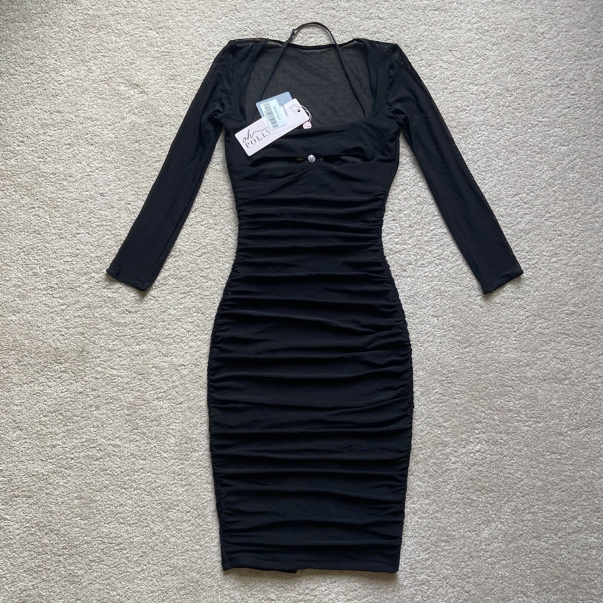BNWT Oh Polly Infinite Love Black Ruched Mesh Cut Out Bodycon Midi