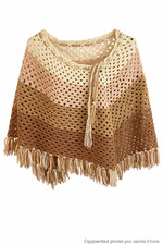 Vintage Handmade Crochet Poncho Shawl Fringe Boho Coastal Festival Layer OS