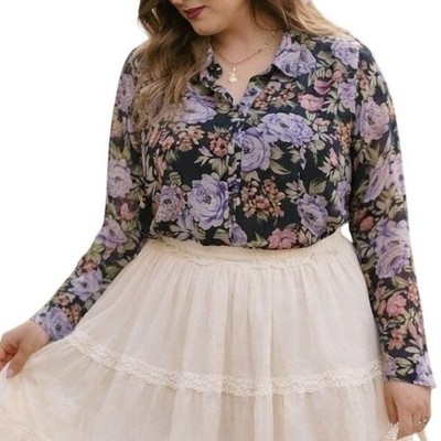 Vintage Erica Simone Floral Blouse Sheer Chiffon Purple Roses Romantic Coquette