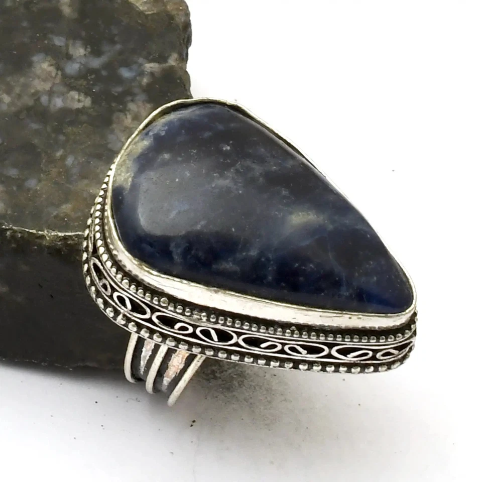Sodalith Edelstein Handarbeit Antik Design Ring Schmuck US Größe - 7,25 AR 33519