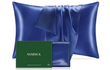 (Blue) 100% Mulberry Silk Pillowcase SGM Silk Queen with Zipper Luxury Soft