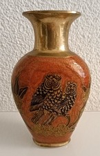 Vintage-Messingvase Indien ca.1970er Jahre Eulen- und Blumenmotiv