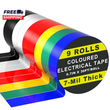 9 Rolls Coloured Electrical Tape Professional White Black Red Green Blue Yellow