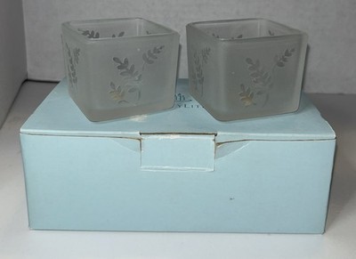 Partylite 2.25 Inch SQUARE PAIR Leaf Frosted Votive Candle Holders P7235 NEW