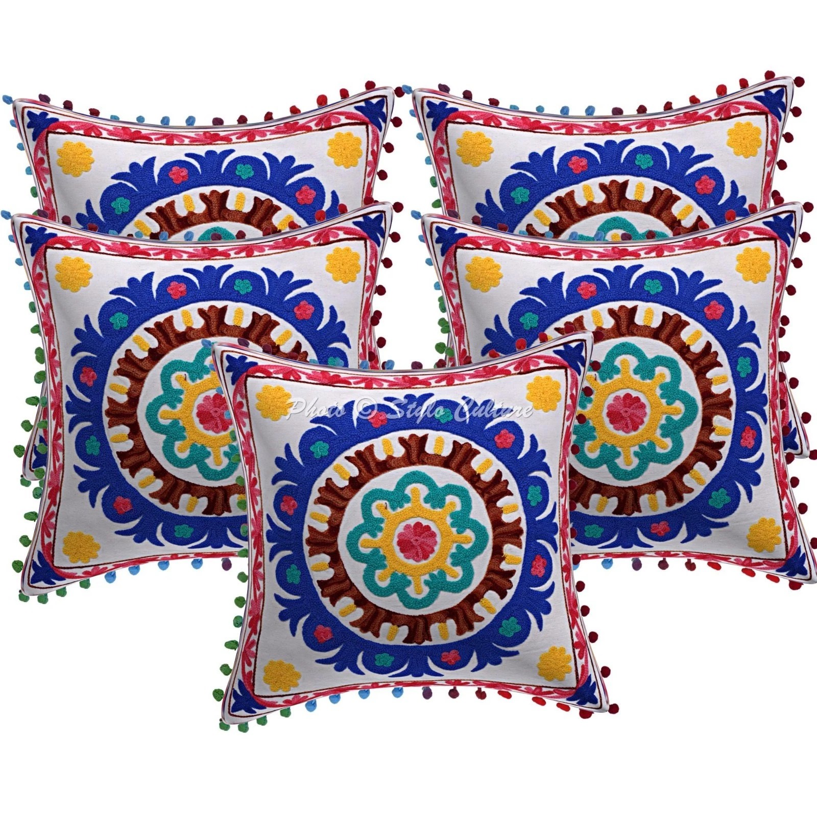 Bohemian Suzani Embroidered Pom Pom Throw Pillow Covers Cotton Floral 16x16 Inch