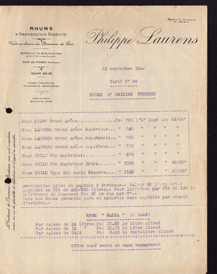 BORDEAUX / FORT-DE-FRANCE (33 / MARTINIQUE) ALKOHOL / RUMS ''LAURENS'' 1932