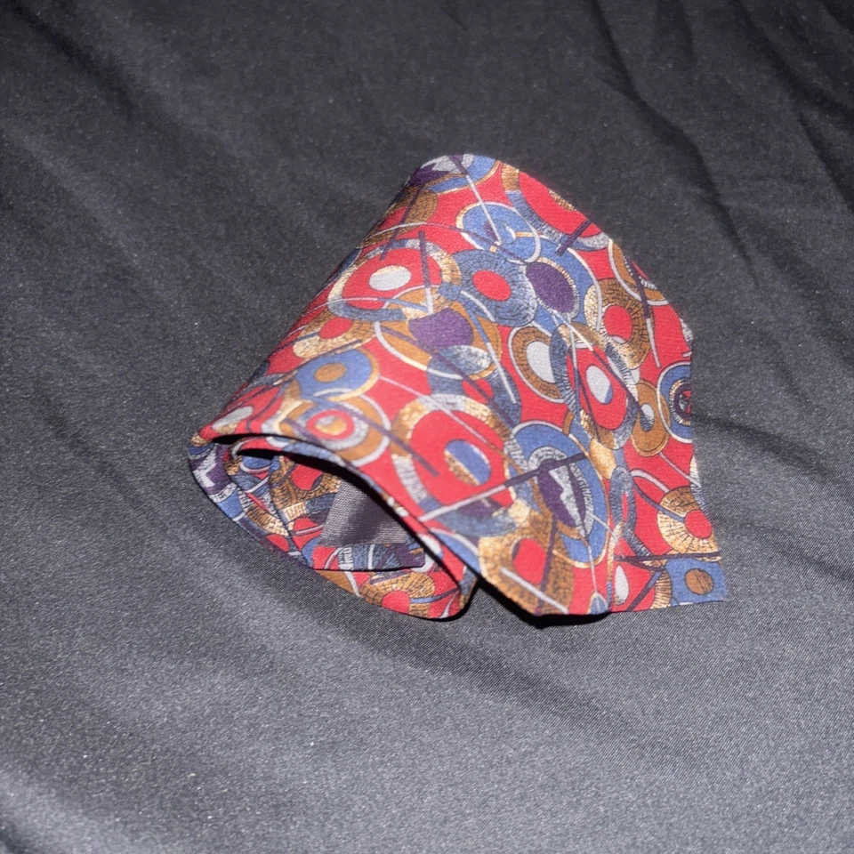 Corbata Oliver Hunt Círculos Rojos y Azules Abstractos Hombre 100% Toda Seda Hecha en Italia  Foto 4 de 4