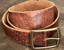 Vintage Lucky Brand Embossed Leather Belt Brass Buckle Boho Chic Western 42