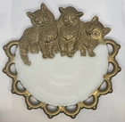 Antique WESTMORELAND Milk Glass Three KITTEN Plate 7" Gold Painted Cat Trio