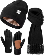 Womens Satin Lined Beanie Scarf Gloves Set, Silk Winter Hats Knit Black