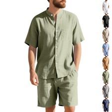 Men's linen set two-piece beach shirt short sleeved shorts set