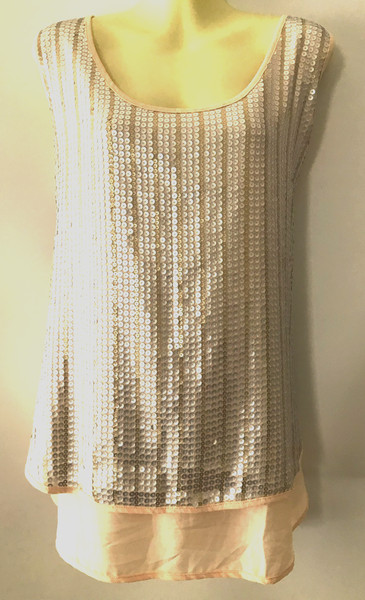 Postie Sequin and Chiffon Tank Top Size 16 Pastel low sheen Gold Silver Seqins